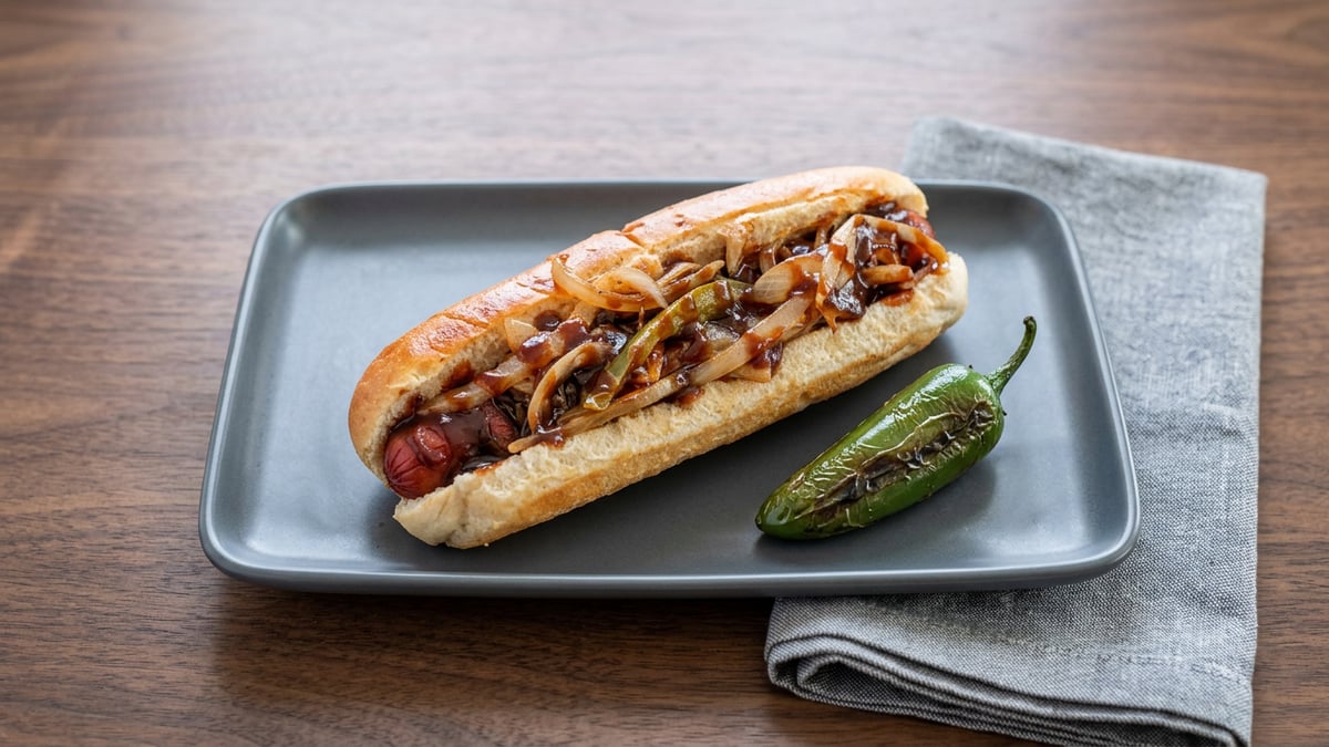 Texan Dog: a bacon-wrapped 8-inch sausage with grilled onions, peppers, and BBQ sauce